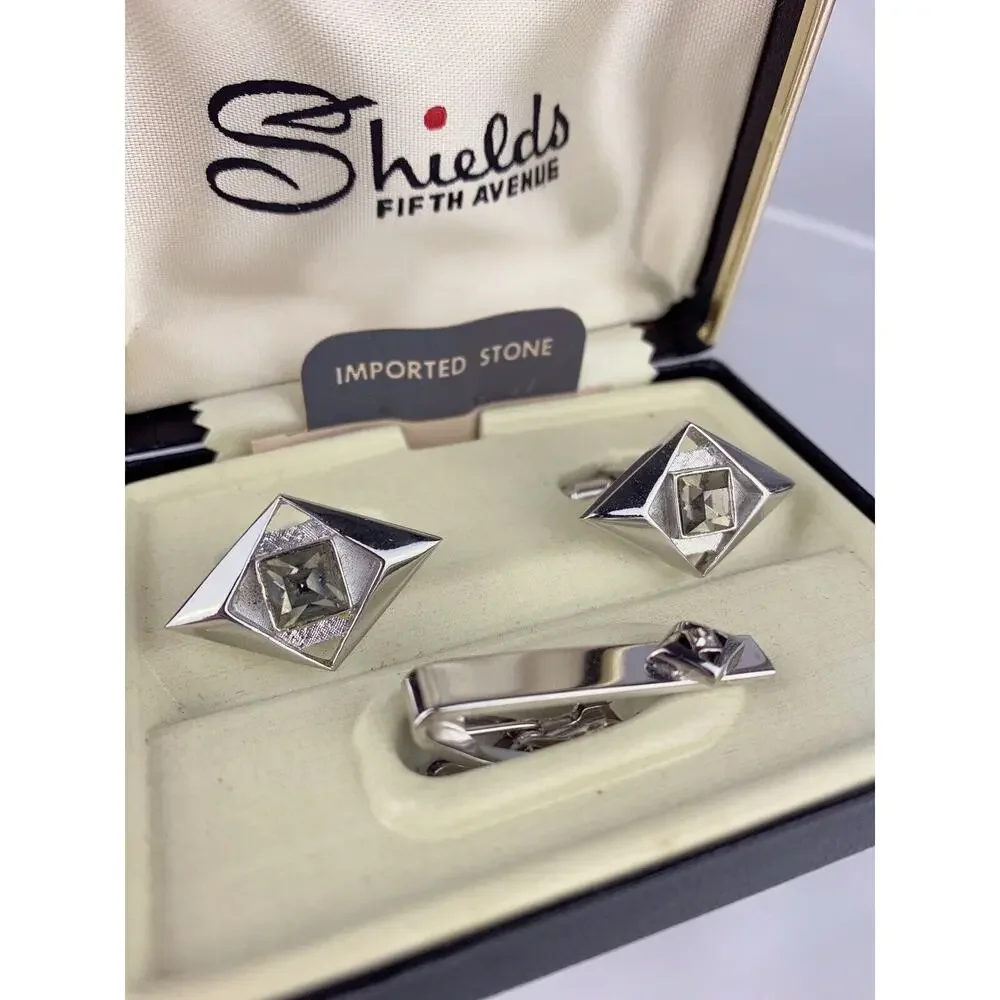 NOS Grey Rhinestone Diamond Silver Tone Cufflinks Tie Pin Shields Vintage O1